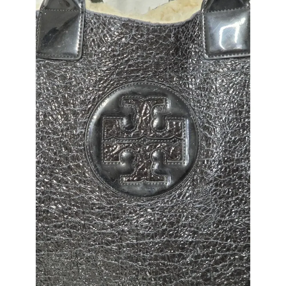 Tory Burch Black Shearling Tote Patent Leather Logo Large Shoulder Bag